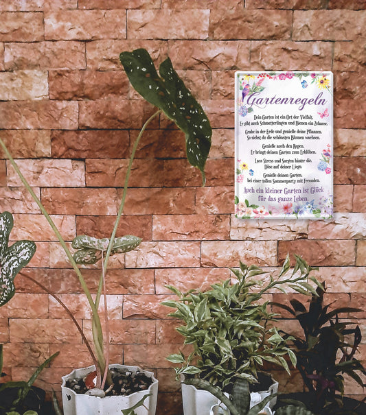 Blechschild ''Gartenregeln. Dein garten ist ein Ort der Vielfalt'' 20x30cm
