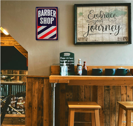 Blechschild ''Barber Shop (blau rot weiß gestreift)'' 20x30cm