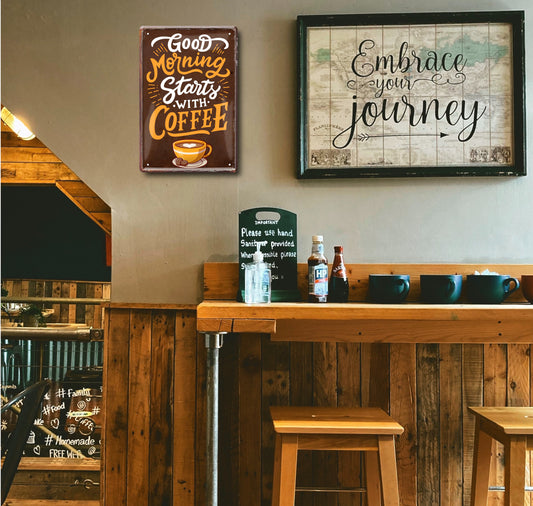 Blechschild ''Good morning starts with coffee'' 20x30cm