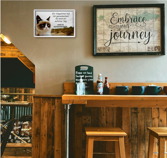 Blechschild ''Katze Ein Vögelchen hat mir gezwitschert. hab es..'' 20x30cm