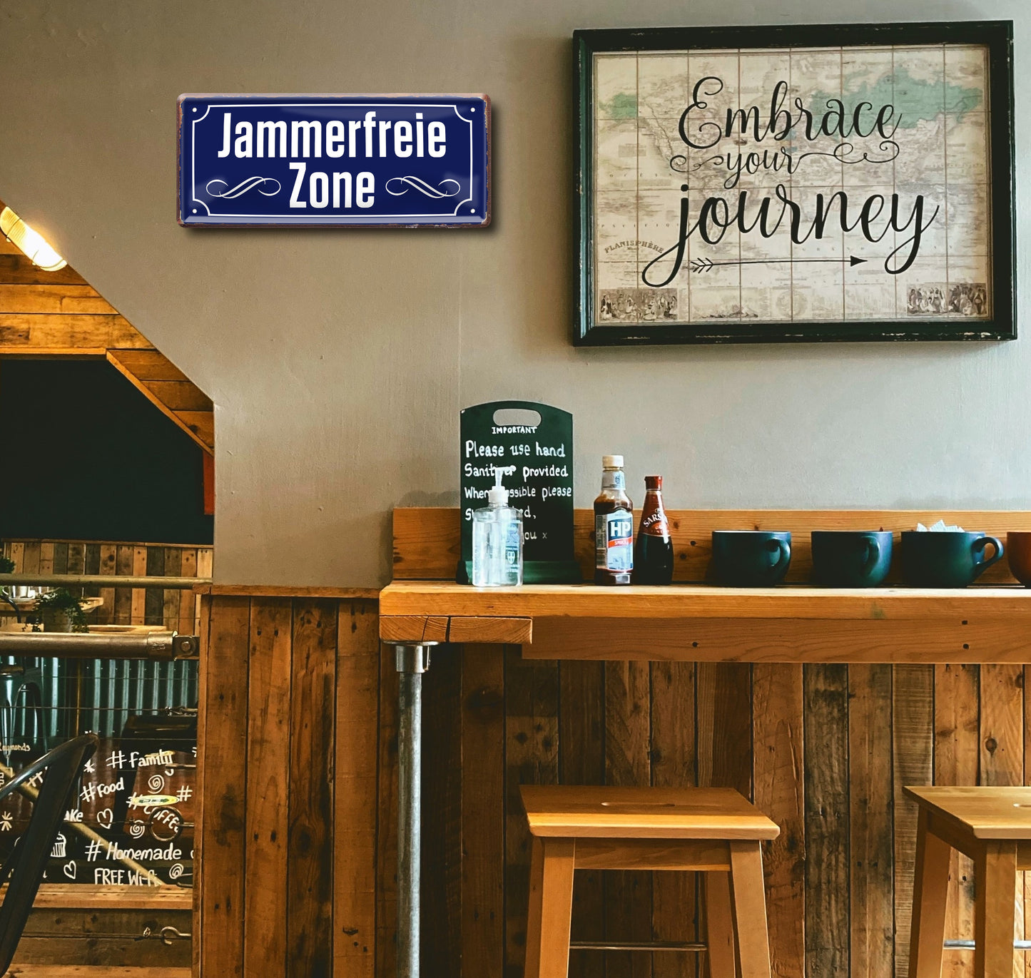 Tin sign "Jammerfrei Zone (blue)" 28x12cm