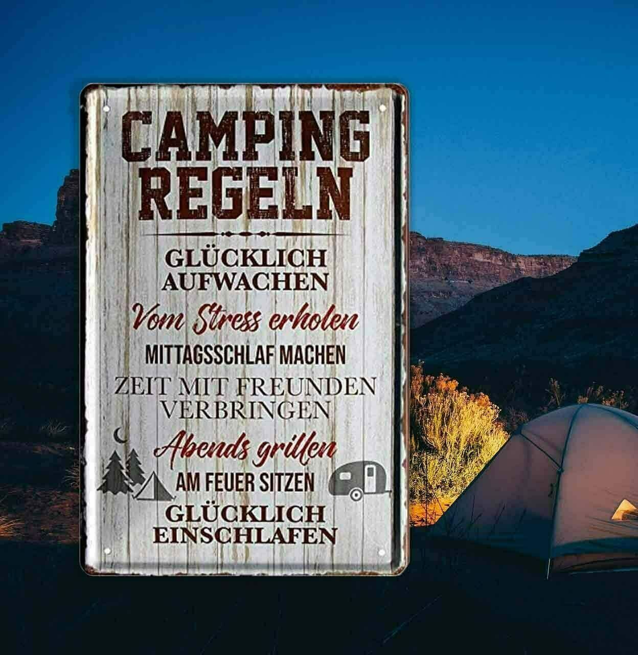 Blechschild ''Camping Regeln. Glücklich aufwachen. Stress erholen'' 20x30cm