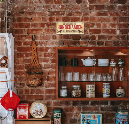 Blechschild ''Mitnahme von Hundehaaren ist kostenlos'' 28x12cm