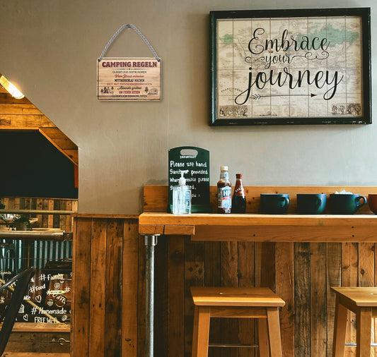 Blechschild ''Camping Regeln. Glücklich aufwachen. Von Stress erholen'' 18x12cm