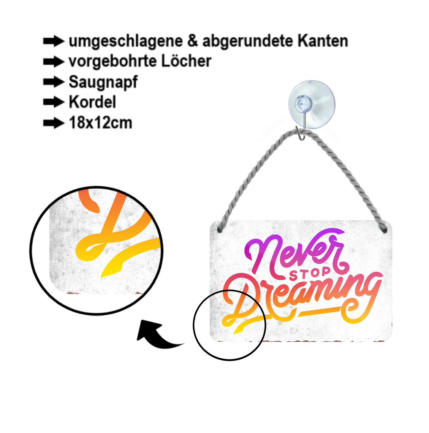 Blechschild ''Never stop dreaming (grau)'' 18x12cm