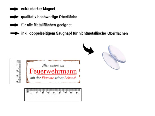 Magnet ''Hier wohnt Feuerwehrmann mit Flamme seines Lebens'' 9,3x4cm