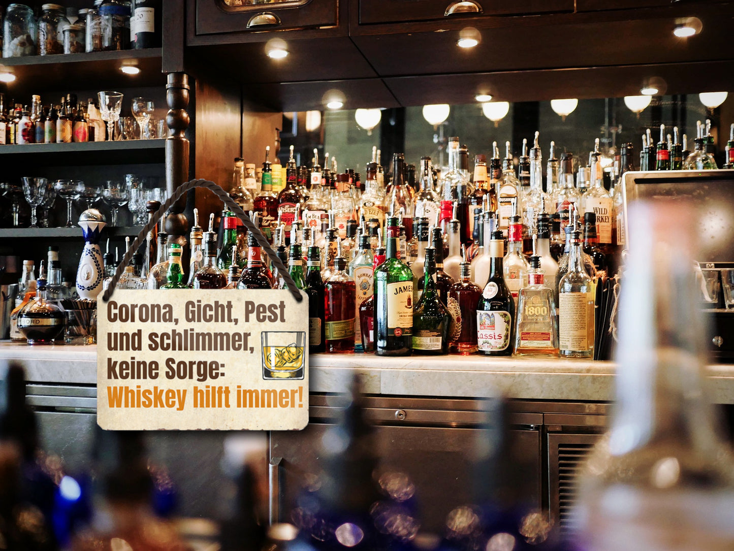 Blechschild ''Corona, Gicht, Pest und Schlimmer.. Whiskey'' 18x12cm