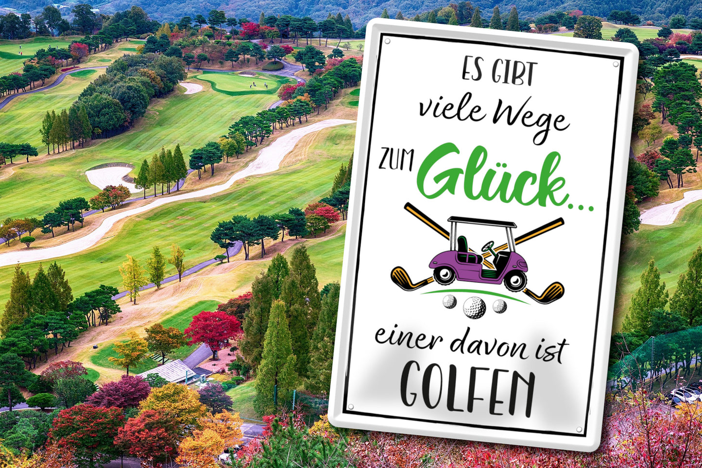 Blechschild ''Es gibt viele Wege zum Glück Golfen'' 20x30cm