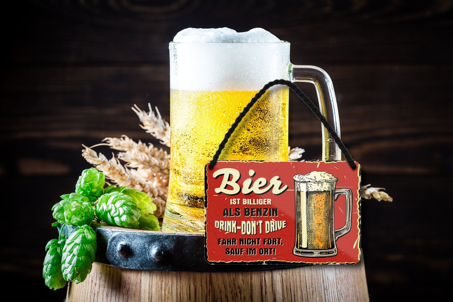 Blechschild ''Bier ist billiger als Benzin. Drink-Dont drive'' 18x12cm