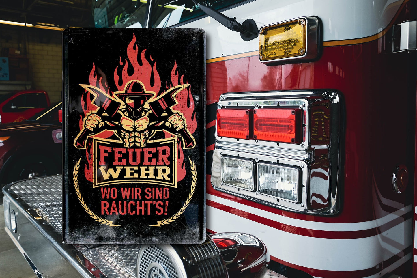 Blechschild ''Feuerwehr. Wo wir sind rauchts'' 20x30cm