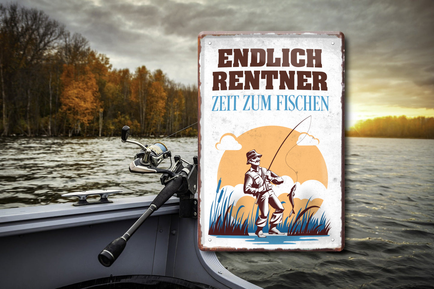 Blechschild ''Endlich Rentner. Zeit zum Angeln'' 20x30cm