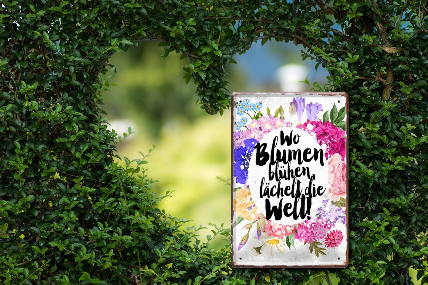 Blechschild ''Wo Blumen blühen lächelt die Welt (Blumen kreisförmig)'' 20x30cm
