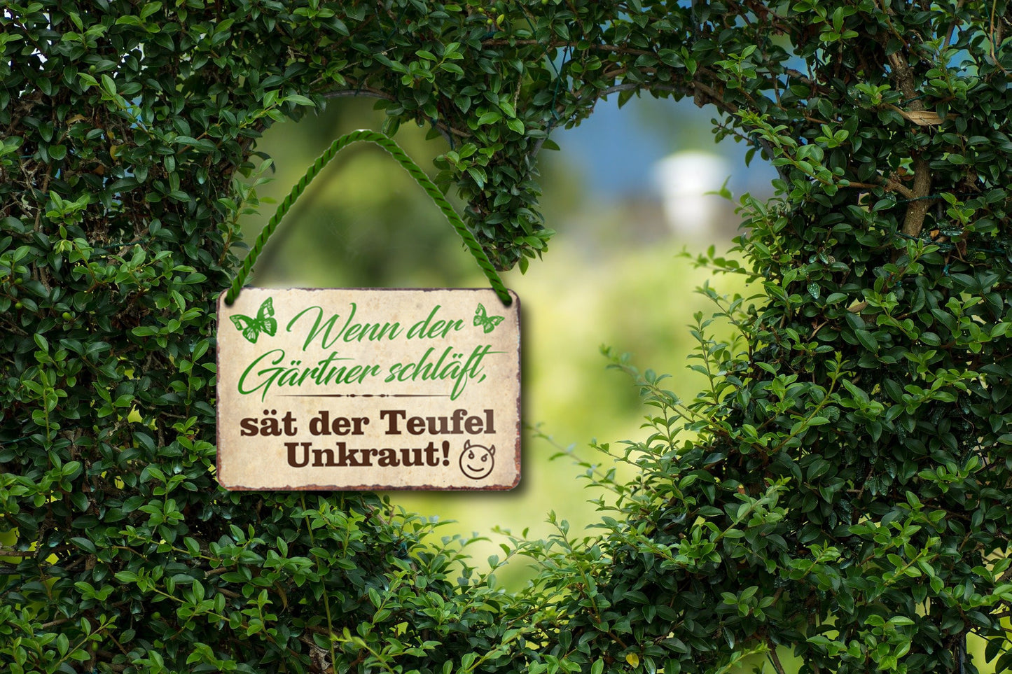 Blechschild ''Wenn der Gärtner schläft, sät der Teufel Unkraut'' 18x12cm