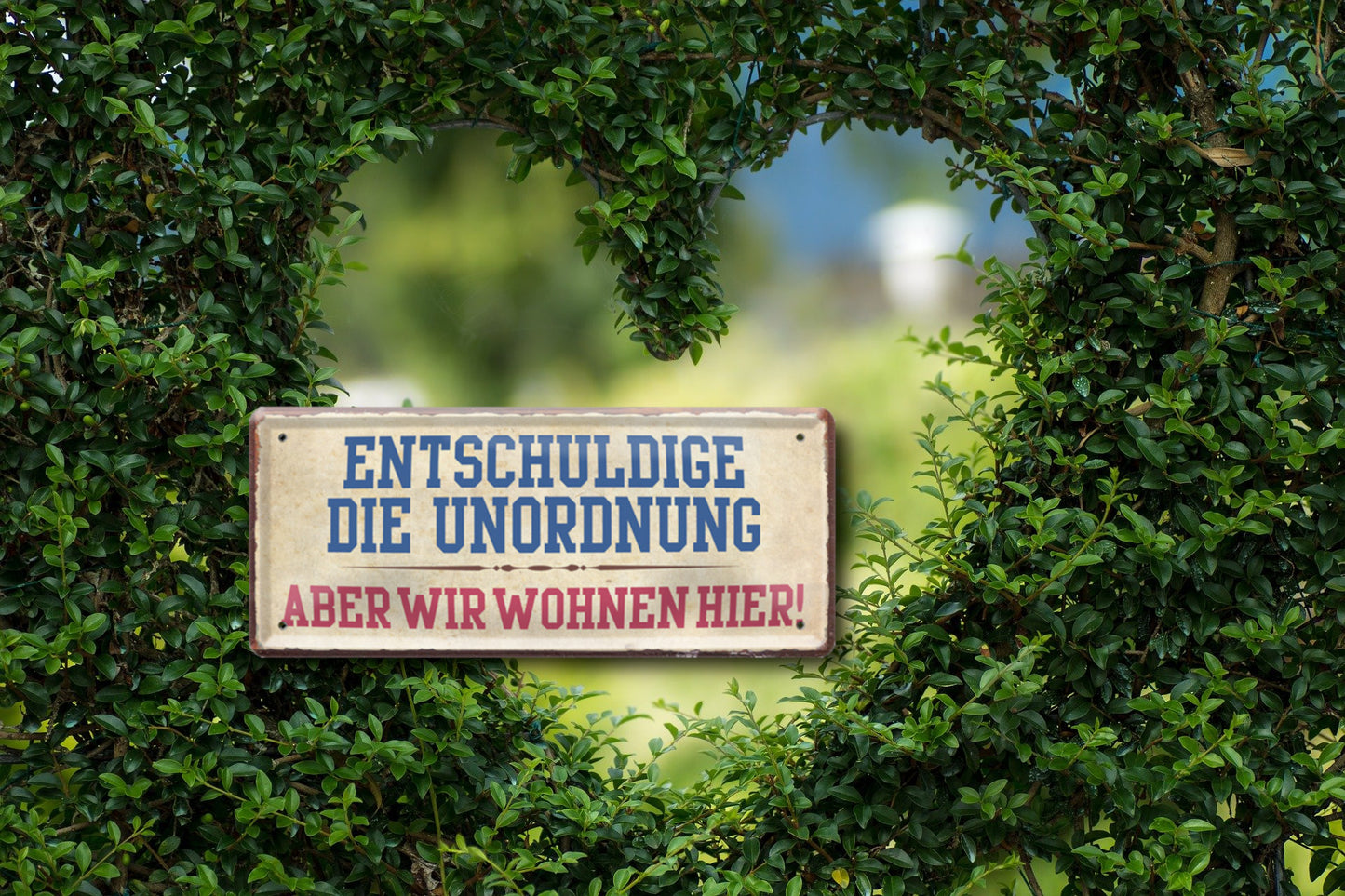 Blechschild ''Entschuldige die Unordnung, aber wir wohnen hier'' 28x12cm