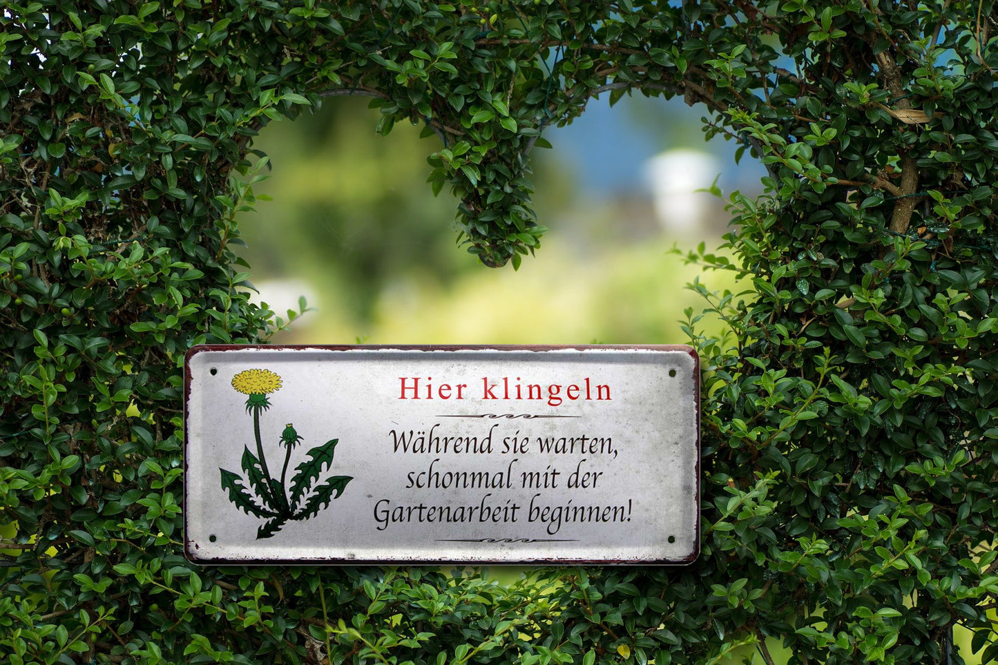 Blechschild ''Hier klingeln. Während warten mit Gartenarbeit beginnen'' 28x12cm
