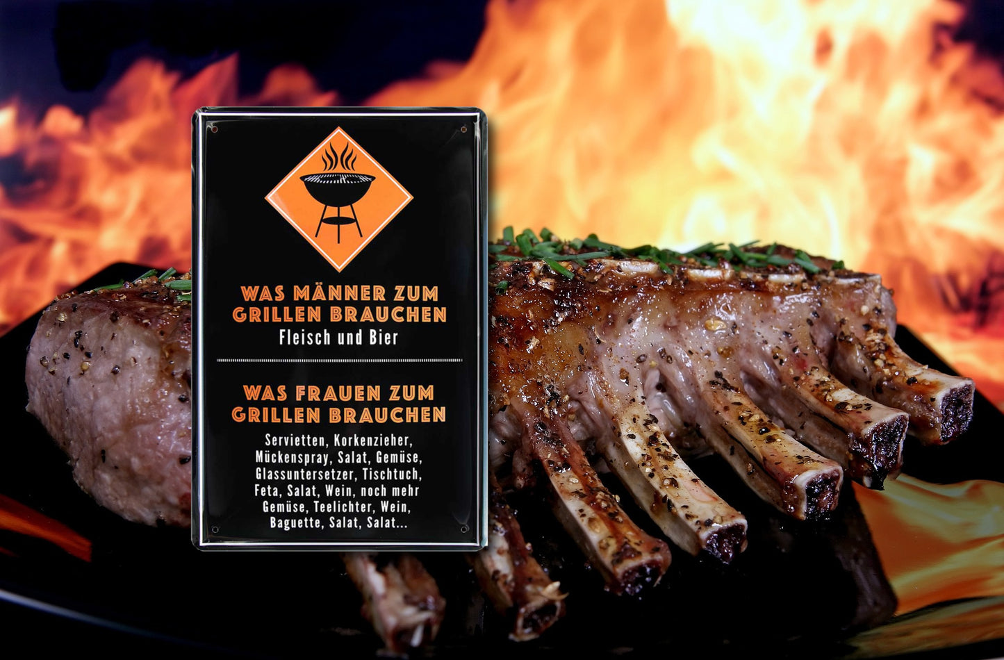 Blechschild ''Was Männer zum Grillen brauchen Fleisch Bier (Schwarz Orange)'' 20x30cm