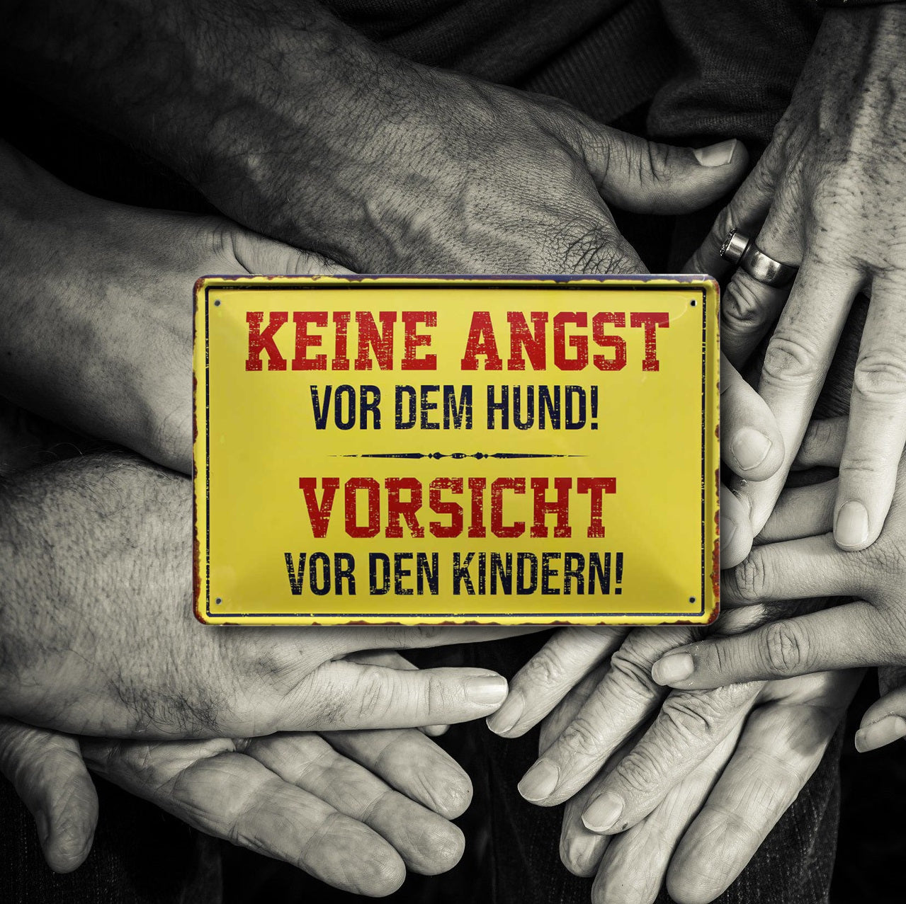 Blechschild ''Keine angst vor dem Hund. Vorsicht vor den Kindern'' 20x30cm