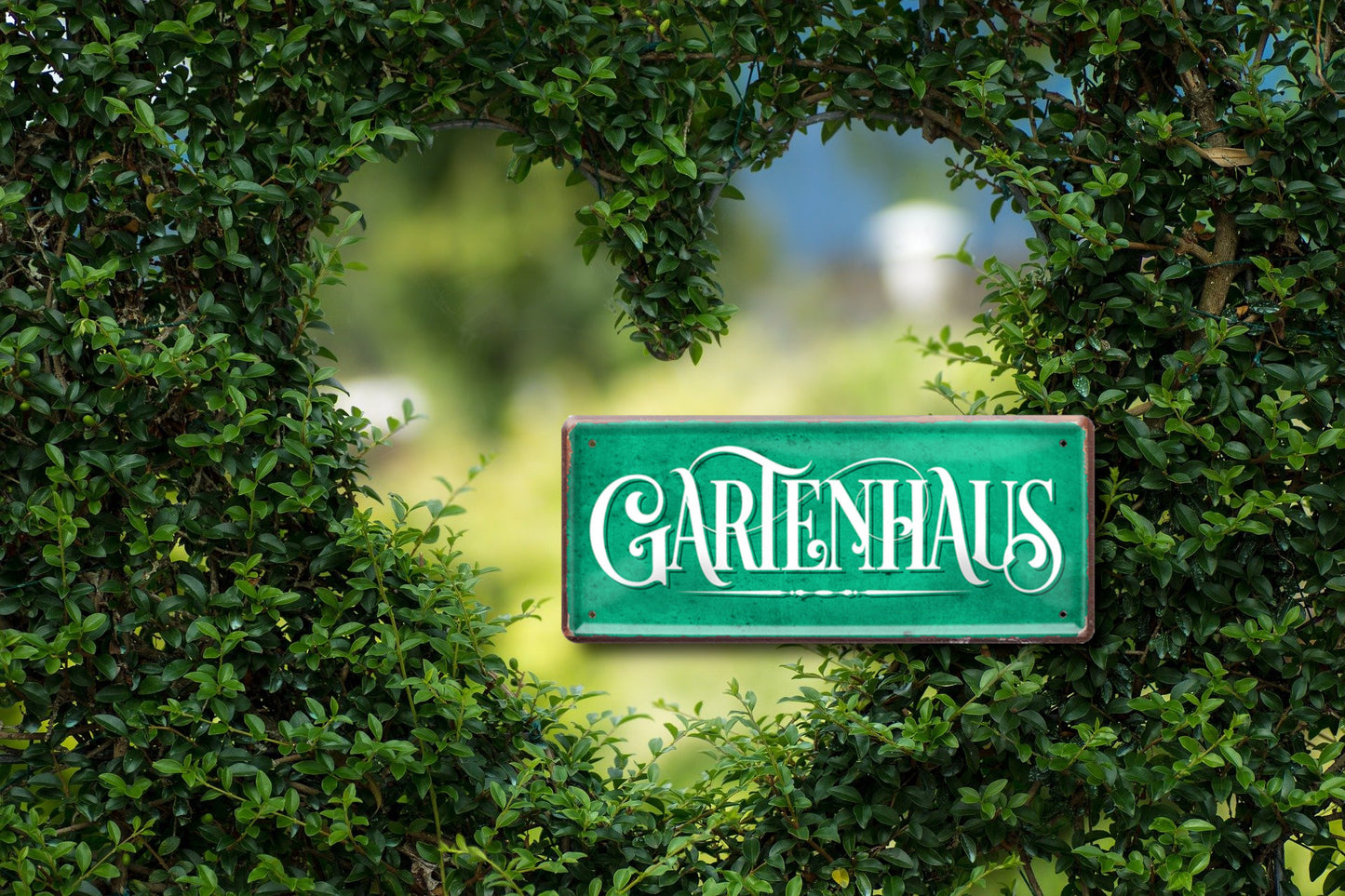 Blechschild ''Gartenhaus (grüner Hintergrund)'' 28x12cm