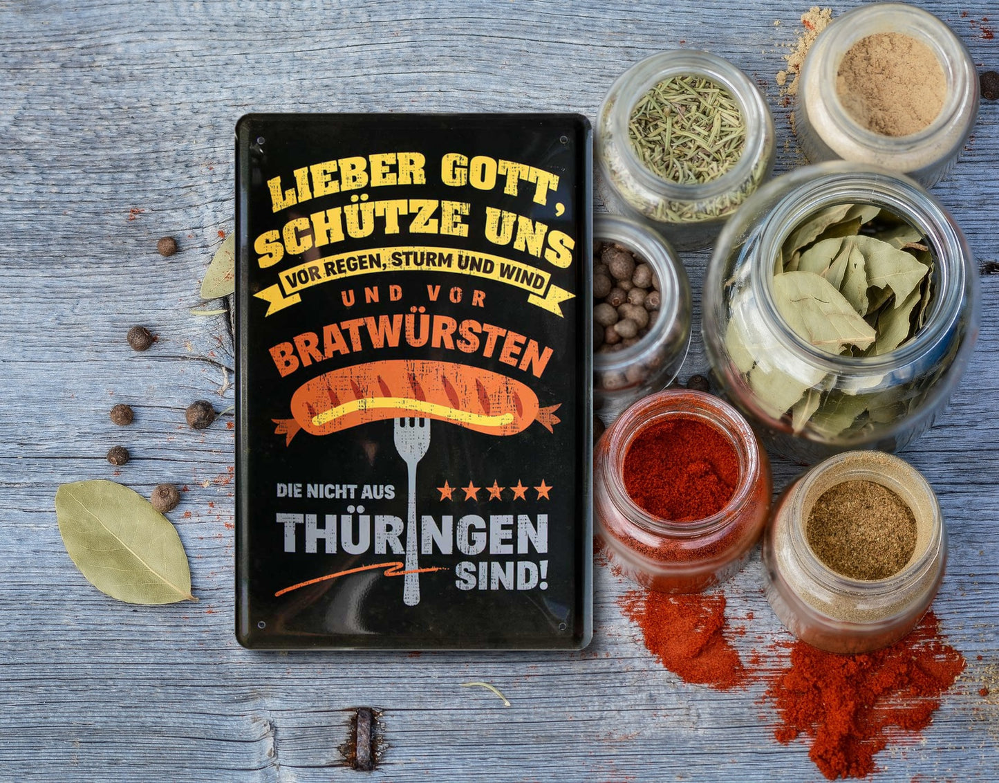 Blechschild ''Lieber Gott, schütze uns.. Bratwürsten'' 20x30cm