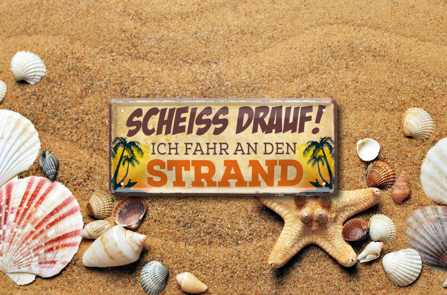 Blechschild ''Scheiss drauf! Ich fahr an den Strand'' 28x12cm