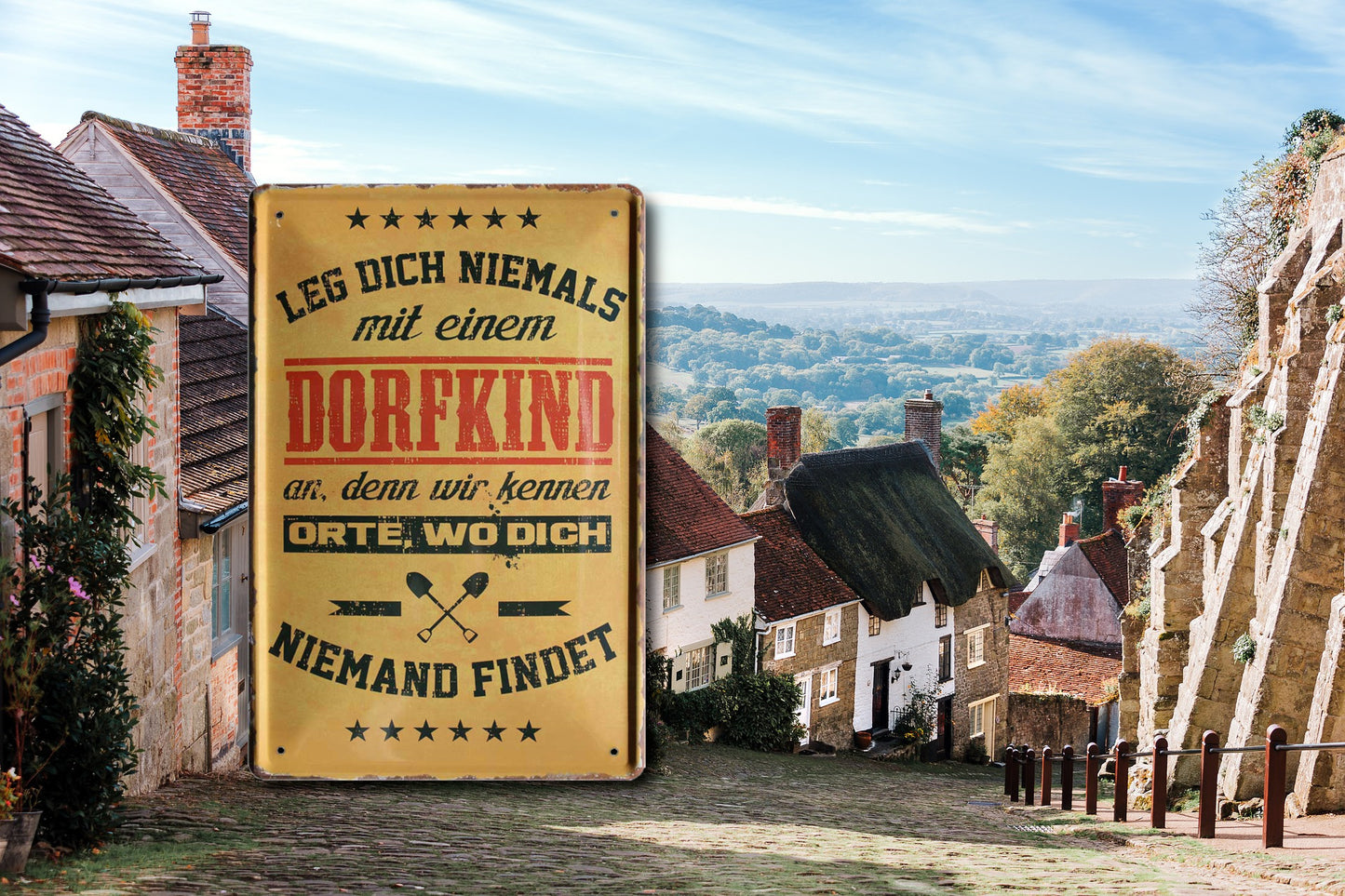 Tin sign ''Never mess with a village kid (brown)'' 20x30cm