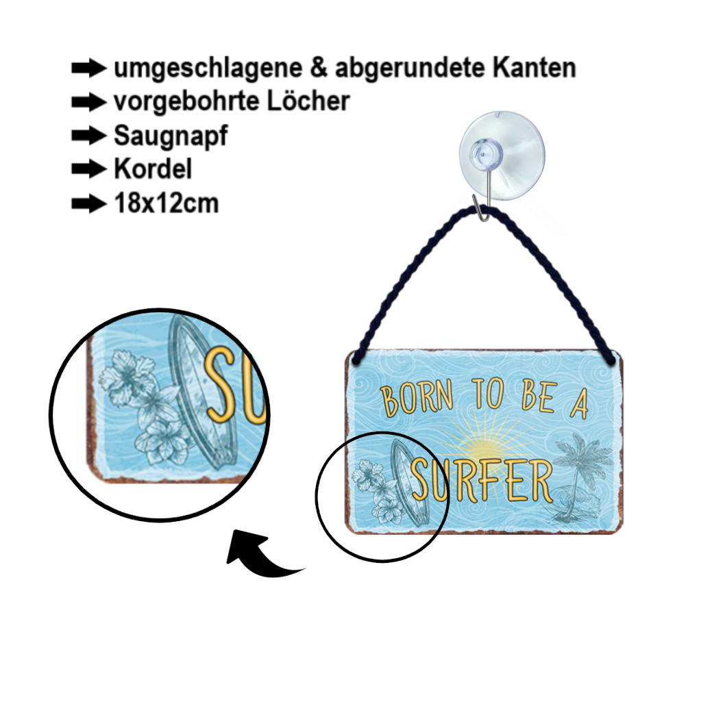 Tin Sign ''Born to be a Surfer'' 18x12cm