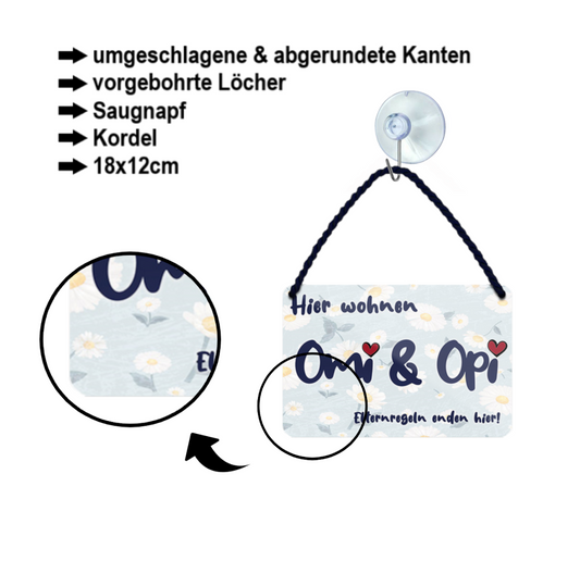 Blechschild ''Hier wohnen Omi & Opi'' 18x12cm