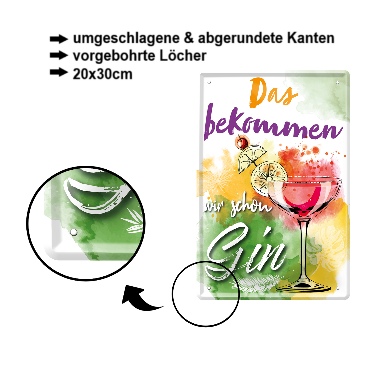 Blechschild ''Das bekommen wir schon Gin (bunt)'' 20x30cm