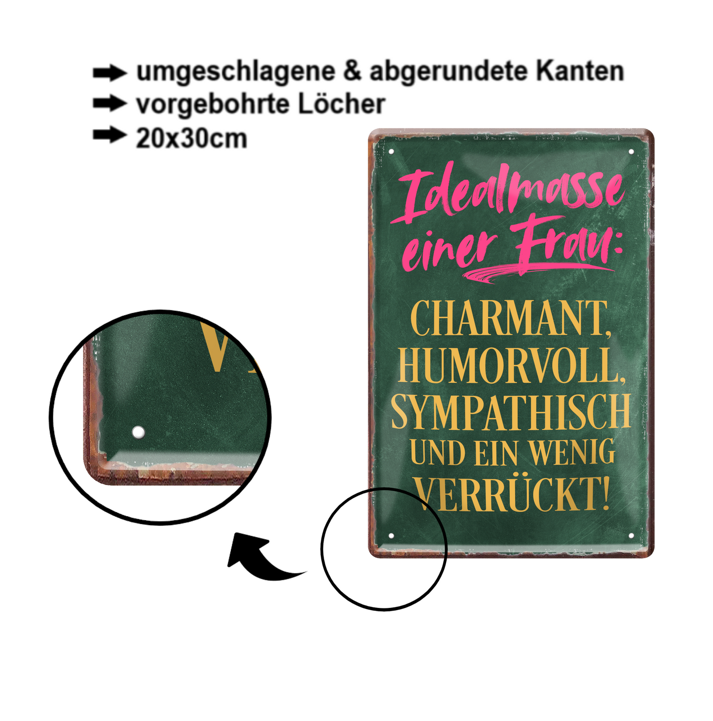 Blechschild ''Idealmasse einer Frau Charmant Humorvoll'' 20x30cm
