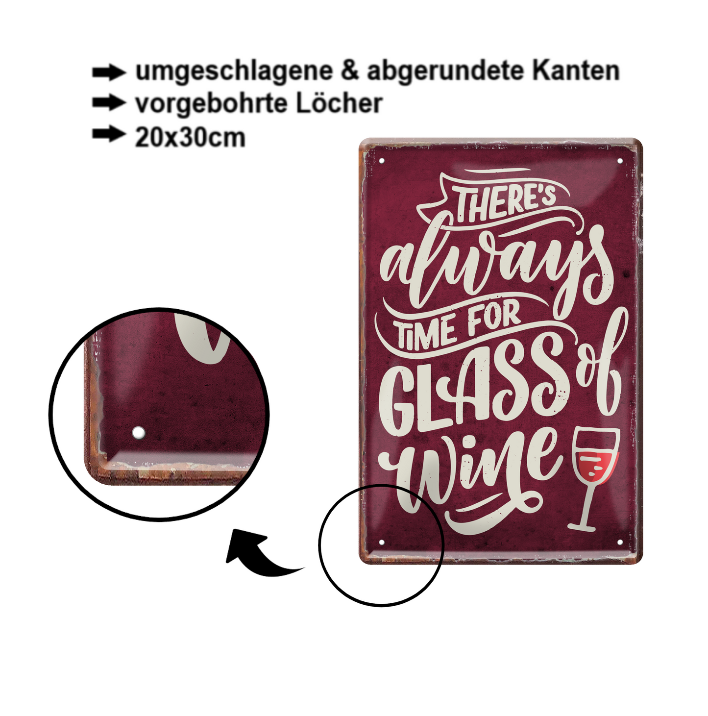 Blechschild ''Ther is always time for a glass Wine (Braun)'' 20x30cm