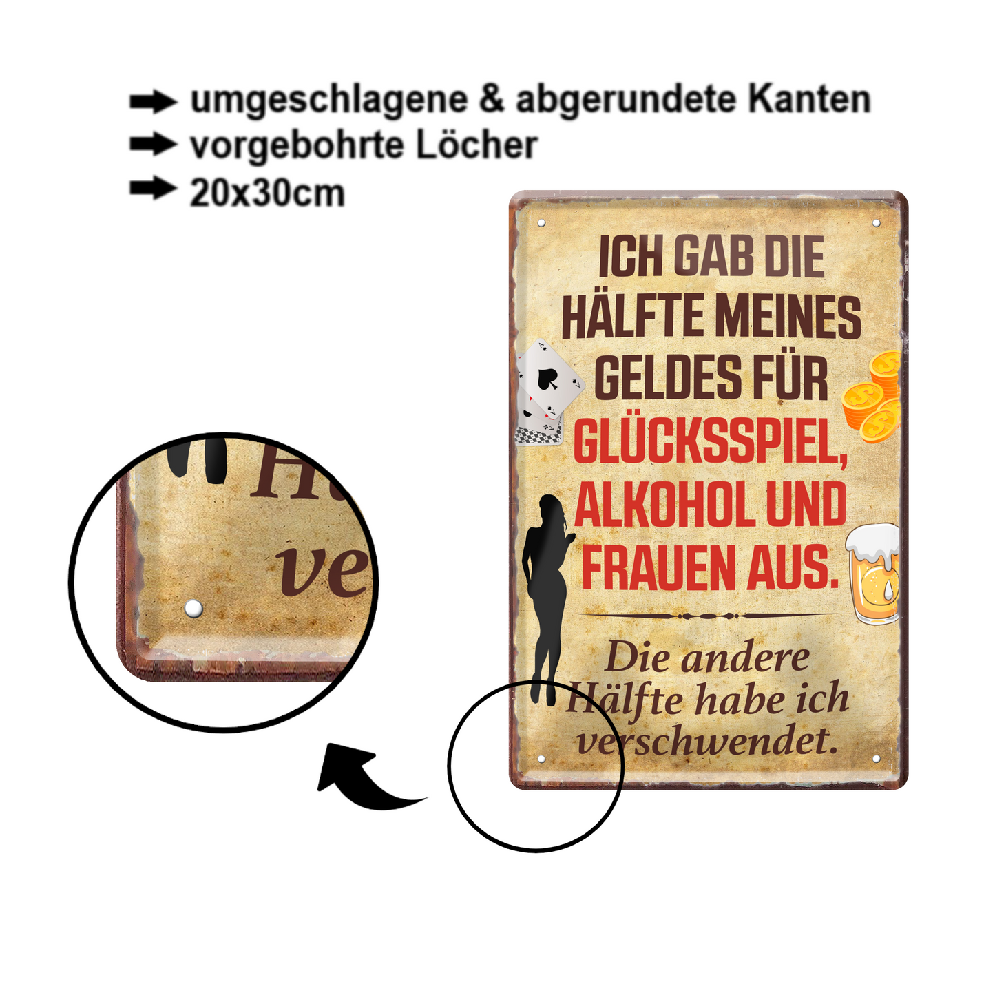 Blechschild ''Ich hab die Häfte meines Geldes verschwendet'' 20x30cm