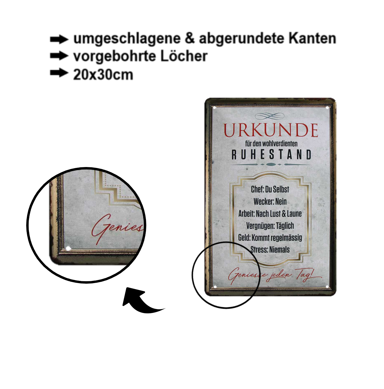Blechschild ''Urkunde für den wohlverdienten Ruhestand'' 20x30cm