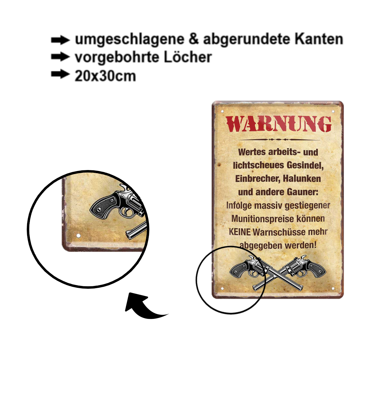 Blechschild ''Warnung (2 Pistolen)'' 20x30cm