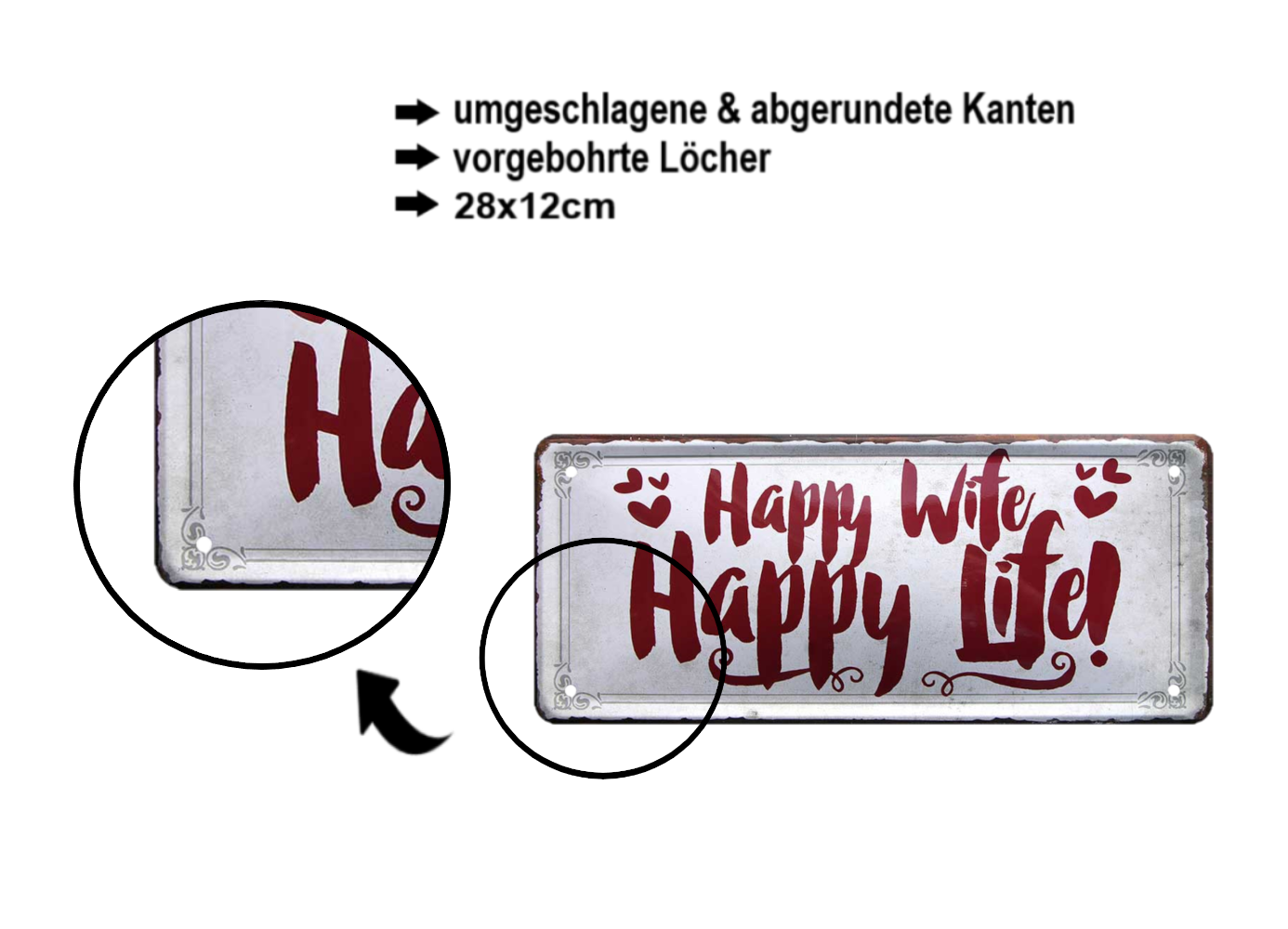Blechschild ''Happy Wife Happy Life'' 28x12cm