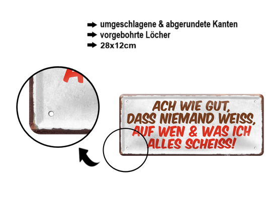 Blechschild ''Ach wie gut dass niemand weiss auf was ich scheiss'' 28x12cm