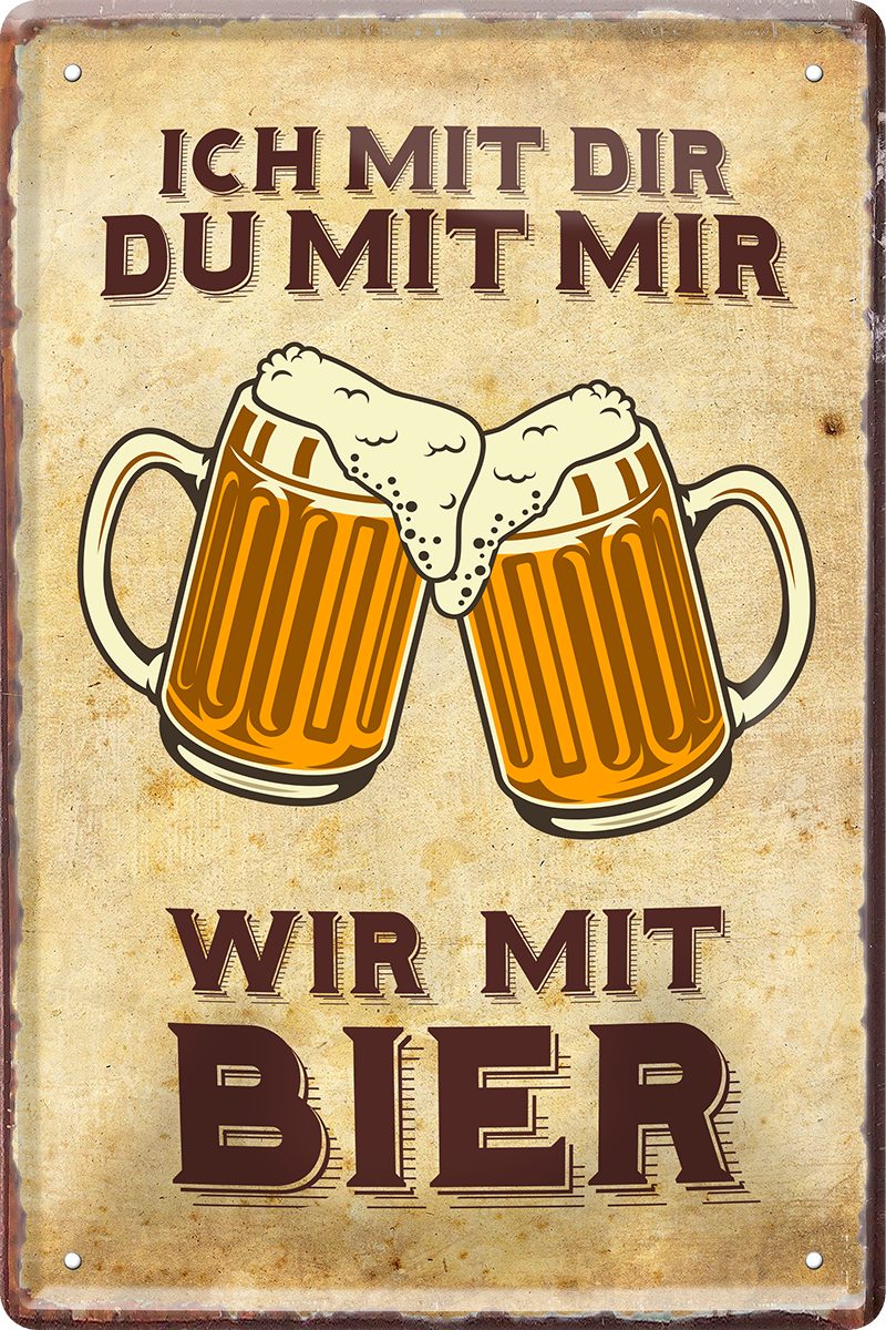 4252024244359	Schilderstore24 	 ''Ich mit dir, du mit mir, wir mit Bier'' Schilderstore24 Blechschilder sind perfekt als Geschenk zu Weihnachten, Geburtstage, Feiern, Partys, Grillabende, Namenstag, Feiertag, Mädelsabend, Hochzeit. Jederzeit stilvoll im Wohnzimmer, Partykeller, Garage, Praxis, Büro, Café, Hauseingang Alkohol Kasten Bier Saufen Getränk Bier Alkohol schaumkrone promille hopfen