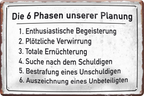 4252024243734	Schilderstore24 	 ''Die 6 Phasen unserer Planung'' Schilderstore24 Blechschilder sind perfekt als Geschenk zu Weihnachten, Geburtstage, Feiern, Partys, Grillabende, Namenstag, Feiertag, Mädelsabend, Hochzeit. Jederzeit stilvoll im Wohnzimmer, Partykeller, Garage, Praxis, Büro, Café, Hauseingang Büro Chef Angestellter Arbeit Job Arbeitsplatz Alltag Beruf Ausbildung