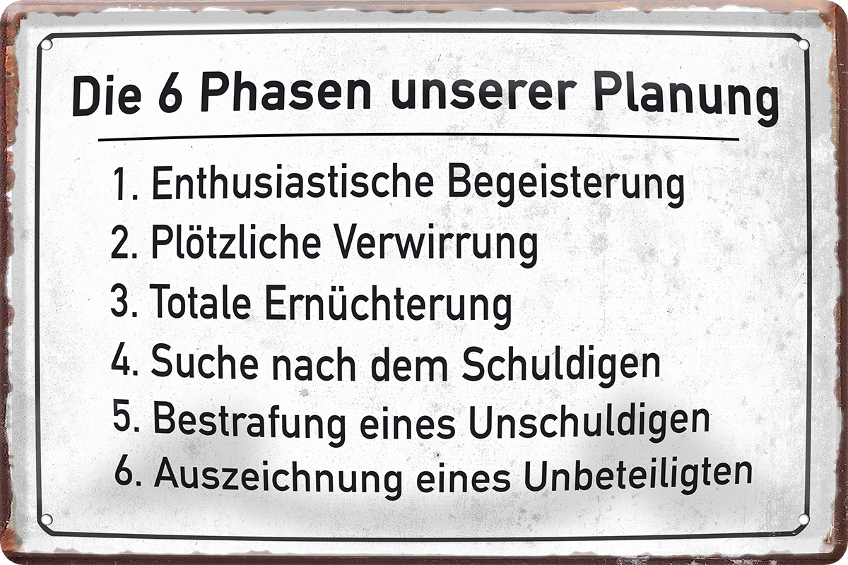 4252024243734	Schilderstore24 	 ''Die 6 Phasen unserer Planung'' Schilderstore24 Blechschilder sind perfekt als Geschenk zu Weihnachten, Geburtstage, Feiern, Partys, Grillabende, Namenstag, Feiertag, Mädelsabend, Hochzeit. Jederzeit stilvoll im Wohnzimmer, Partykeller, Garage, Praxis, Büro, Café, Hauseingang Büro Chef Angestellter Arbeit Job Arbeitsplatz Alltag Beruf Ausbildung