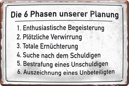 4252024243734	Schilderstore24 	 ''Die 6 Phasen unserer Planung'' Schilderstore24 Blechschilder sind perfekt als Geschenk zu Weihnachten, Geburtstage, Feiern, Partys, Grillabende, Namenstag, Feiertag, Mädelsabend, Hochzeit. Jederzeit stilvoll im Wohnzimmer, Partykeller, Garage, Praxis, Büro, Café, Hauseingang Büro Chef Angestellter Arbeit Job Arbeitsplatz Alltag Beruf Ausbildung