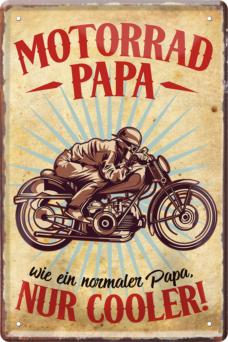 4252024244281	Schilderstore24 	 ''Motorrad Papa, wie normaler Papa nur Cooler'' Schilderstore24 Blechschilder sind perfekt als Geschenk zu Weihnachten, Geburtstage, Feiern, Partys, Grillabende, Namenstag, Feiertag, Mädelsabend, Hochzeit. Jederzeit stilvoll im Wohnzimmer, Partykeller, Garage, Praxis, Büro, Café, Hauseingang Mechaniker Auto Motorrad Werkstatt auto werkstatt tüfteln schrauber