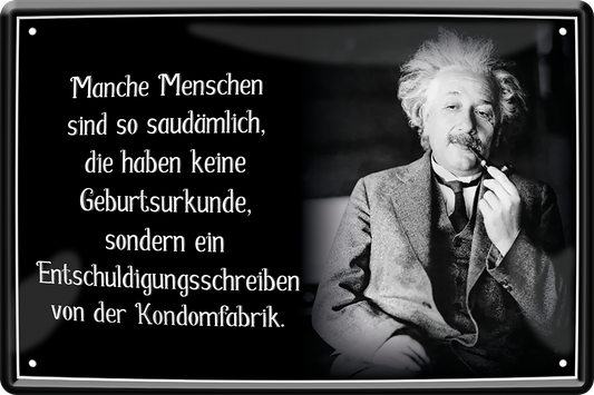 4252024243857	Schilderstore24 	 ''Manche Menschen sind so saudämlich (Einstein)'' Schilderstore24 Blechschilder sind perfekt als Geschenk zu Weihnachten, Geburtstage, Feiern, Partys, Grillabende, Namenstag, Feiertag, Mädelsabend, Hochzeit. Jederzeit stilvoll im Wohnzimmer, Partykeller, Garage, Praxis, Büro, Café, Hauseingang Tiefsinnig Albert Einstein Weisheiten wahrheit sprichwort lebensweisheit philosoph