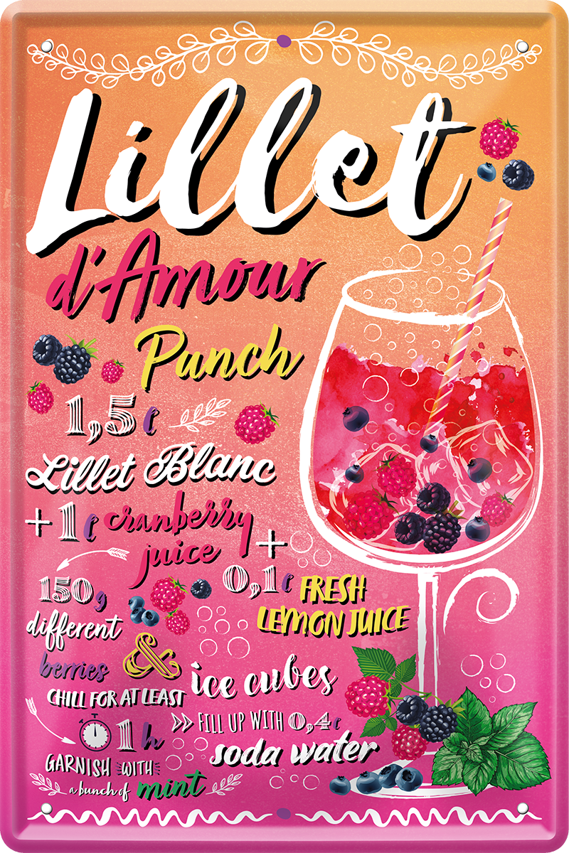 4252024243765	Schilderstore24 	 ''Lillet d'Amour Punch'' Schilderstore24 Blechschilder sind perfekt als Geschenk zu Weihnachten, Geburtstage, Feiern, Partys, Grillabende, Namenstag, Feiertag, Mädelsabend, Hochzeit. Jederzeit stilvoll im Wohnzimmer, Partykeller, Garage, Praxis, Büro, Café, Hauseingang Alkohol Cocktail Likör Sekt Getränk Alkohol promille schnaps saufen cocktails