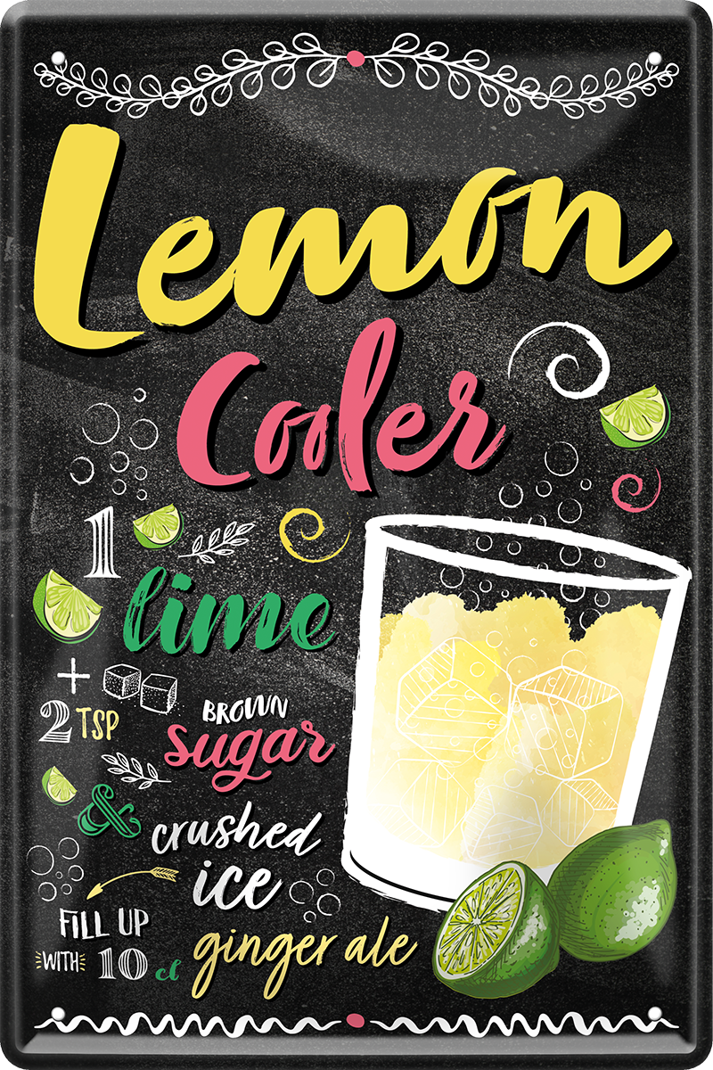 4252024243758	Schilderstore24 	 ''Lemon Cooler'' Schilderstore24 Blechschilder sind perfekt als Geschenk zu Weihnachten, Geburtstage, Feiern, Partys, Grillabende, Namenstag, Feiertag, Mädelsabend, Hochzeit. Jederzeit stilvoll im Wohnzimmer, Partykeller, Garage, Praxis, Büro, Café, Hauseingang Alkohol Cocktail Likör Sekt Getränk Alkohol promille schnaps saufen cocktails