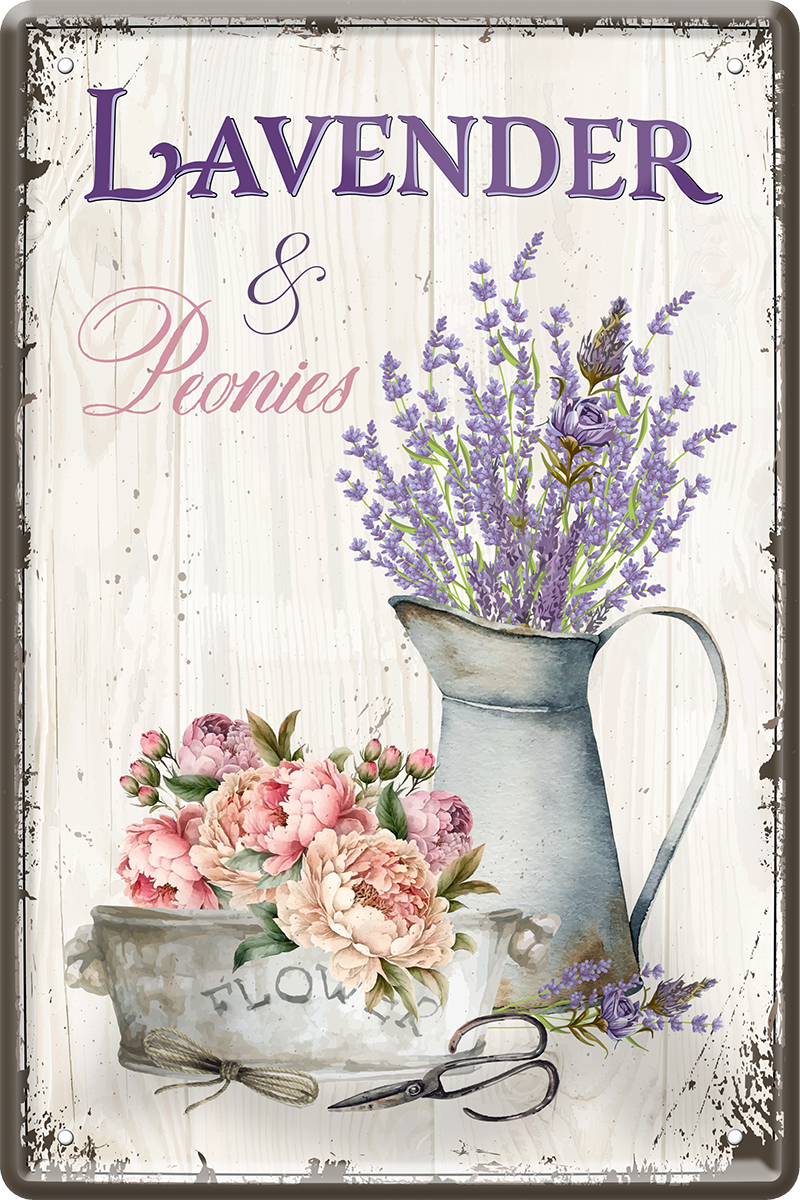 4252024249972		 ''Lavender & Peonies'' Schilderstore24 Blechschilder sind perfekt als Geschenk zu Weihnachten, Geburtstage, Feiern, Partys, Grillabende, Namenstag, Feiertag, Mädelsabend, Hochzeit. Jederzeit stilvoll im Wohnzimmer, Partykeller, Garage, Praxis, Büro, Café, Hauseingang Garten Haushalt Heim Zuhause Gartenarbeit Hausarbeit Zuhause Blumen