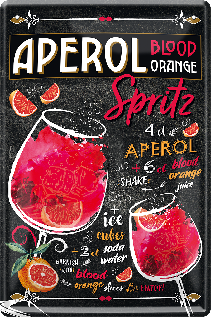 4252024249811		 ''Aperol Spritz Blood Orange'' Schilderstore24 Blechschilder sind perfekt als Geschenk zu Weihnachten, Geburtstage, Feiern, Partys, Grillabende, Namenstag, Feiertag, Mädelsabend, Hochzeit. Jederzeit stilvoll im Wohnzimmer, Partykeller, Garage, Praxis, Büro, Café, Hauseingang Alkohol Cocktail Likör Sekt Getränk Alkohol promille schnaps saufen cocktails