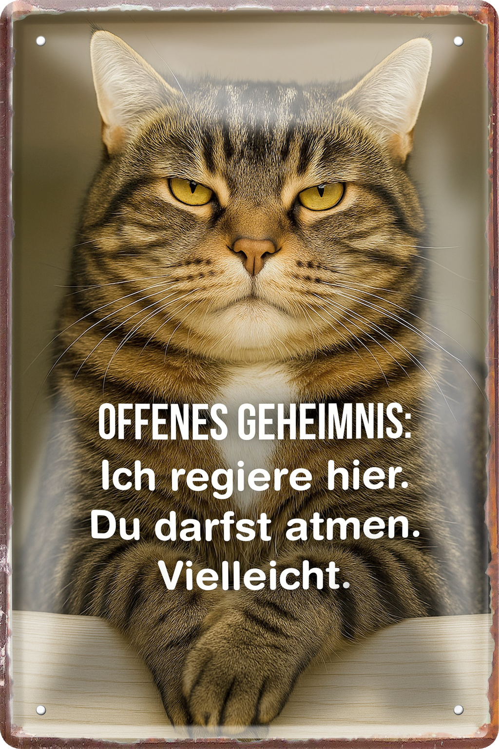 4252024256413		 ''Offenes Geheimnis. Ich regiere hier''
Schilderstore24 Blechschilder sind perfekt als Geschenk zu Weihnachten, Geburtstage, Feiern, Partys, Grillabende, Namenstag, Feiertag, Mädelsabend, Hochzeit Wohnzimmer, Partykeller, Garage, welpe, dogge, kater, kätzchen Haustier Tier Freund knuddelig Zuhause Katze Hund Hamster Meerschwein haustiere