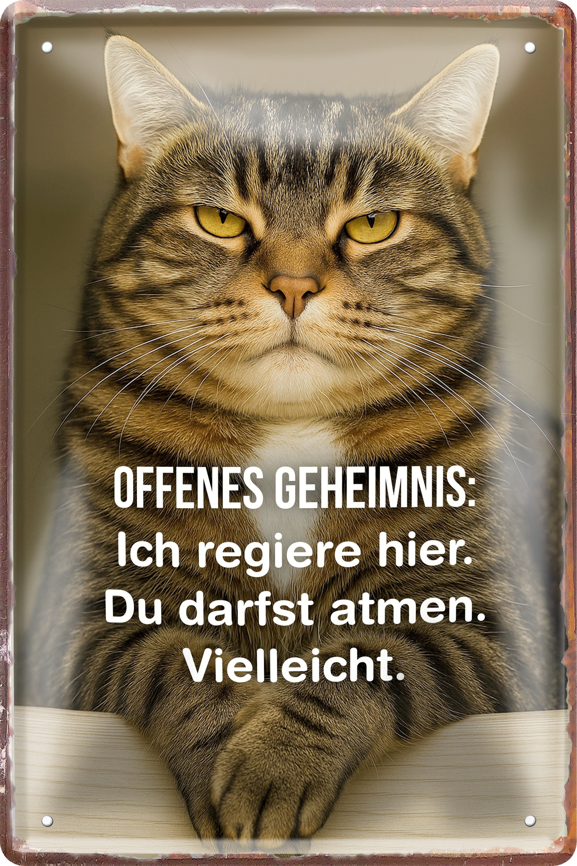 4252024256413		 ''Offenes Geheimnis. Ich regiere hier''
Schilderstore24 Blechschilder sind perfekt als Geschenk zu Weihnachten, Geburtstage, Feiern, Partys, Grillabende, Namenstag, Feiertag, Mädelsabend, Hochzeit Wohnzimmer, Partykeller, Garage, welpe, dogge, kater, kätzchen Haustier Tier Freund knuddelig Zuhause Katze Hund Hamster Meerschwein haustiere