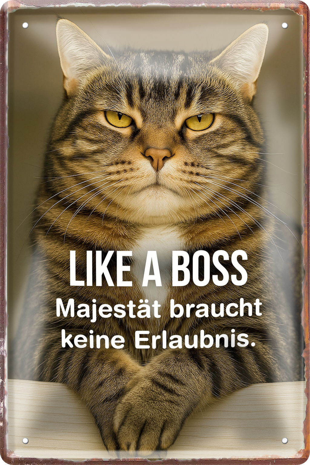 4252024256383		 ''Like a boss. Majestät braucht keine Erlaubnis''
 Schilderstore24 Blechschilder sind perfekt als Geschenk zu Weihnachten, Geburtstage, Feiern, Partys, Grillabende, Namenstag, Feiertag, Mädelsabend, Hochzeit Wohnzimmer, Partykeller, Garage, welpe, dogge, kater, kätzchen Haustier Tier Freund knuddelig Zuhause Katze Hund Hamster Meerschwein haustiere