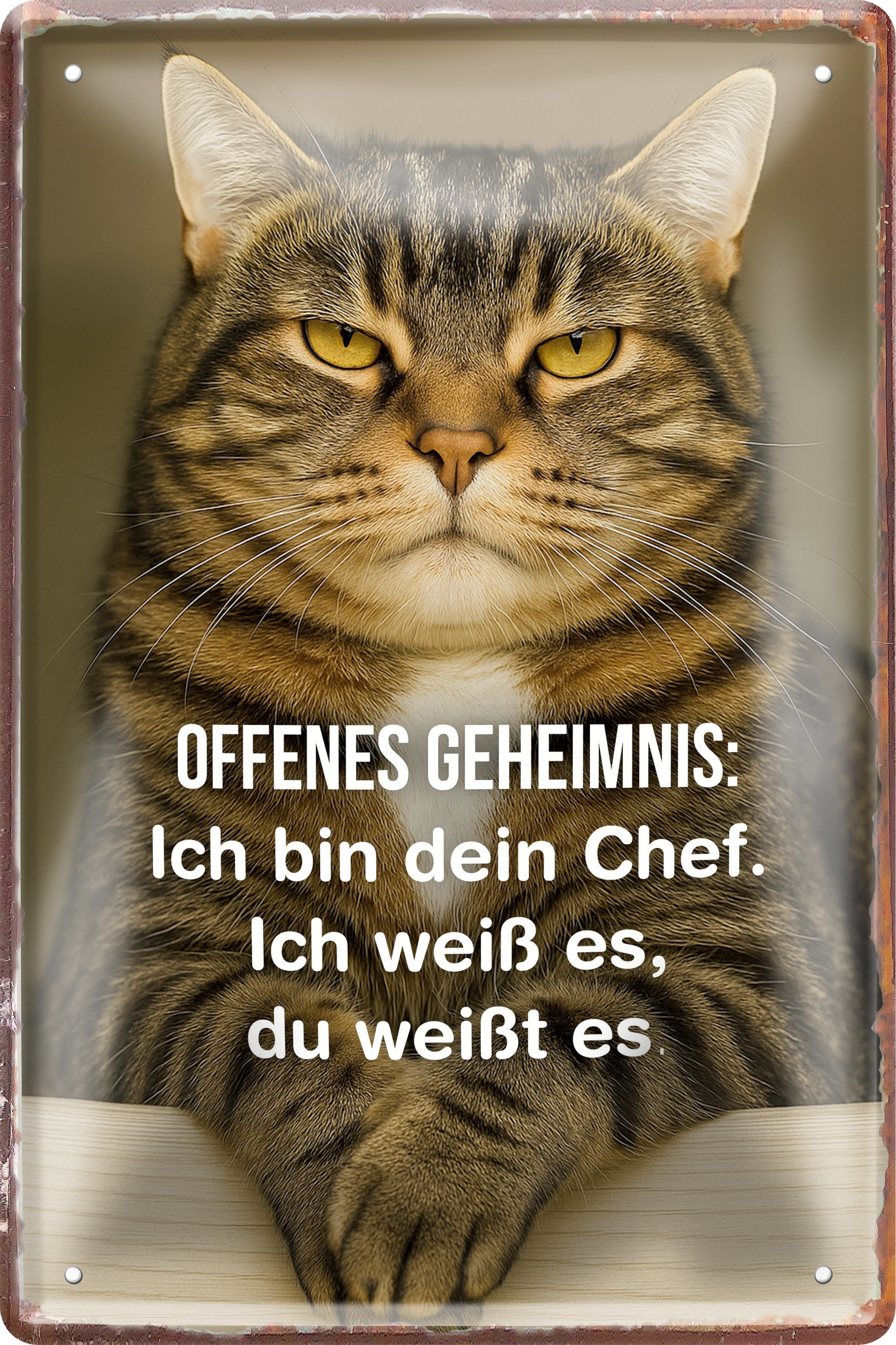 4252024256406		 ''Offenes Geheimnis. Ich bin dein Chef''
Schilderstore24 Blechschilder sind perfekt als Geschenk zu Weihnachten, Geburtstage, Feiern, Partys, Grillabende, Namenstag, Feiertag, Mädelsabend, Hochzeit Wohnzimmer, Partykeller, Garage, welpe, dogge, kater, kätzchen Haustier Tier Freund knuddelig Zuhause Katze Hund Hamster Meerschwein haustiere