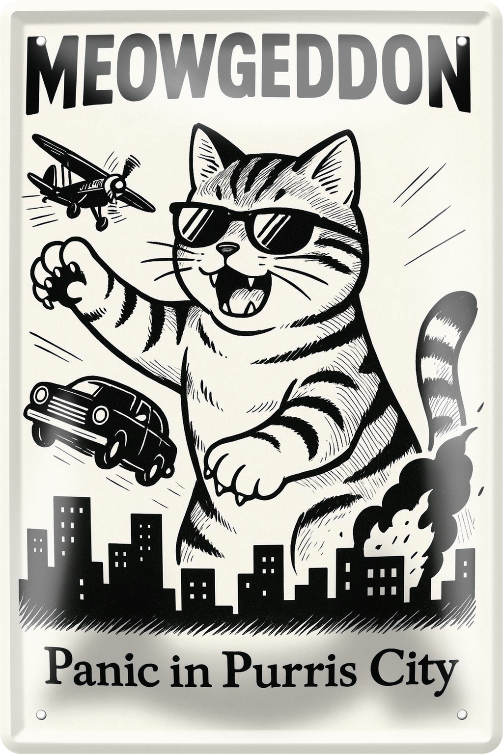 4252024256390		 ''Meowgeddon. Panic in Purris City''
Schilderstore24 Blechschilder sind perfekt als Geschenk zu Weihnachten, Geburtstage, Feiern, Partys, Grillabende, Namenstag, Feiertag, Mädelsabend, Hochzeit Wohnzimmer, Partykeller, Garage, welpe, dogge, kater, kätzchen Haustier Tier Freund knuddelig Zuhause Katze Hund Hamster Meerschwein haustiere